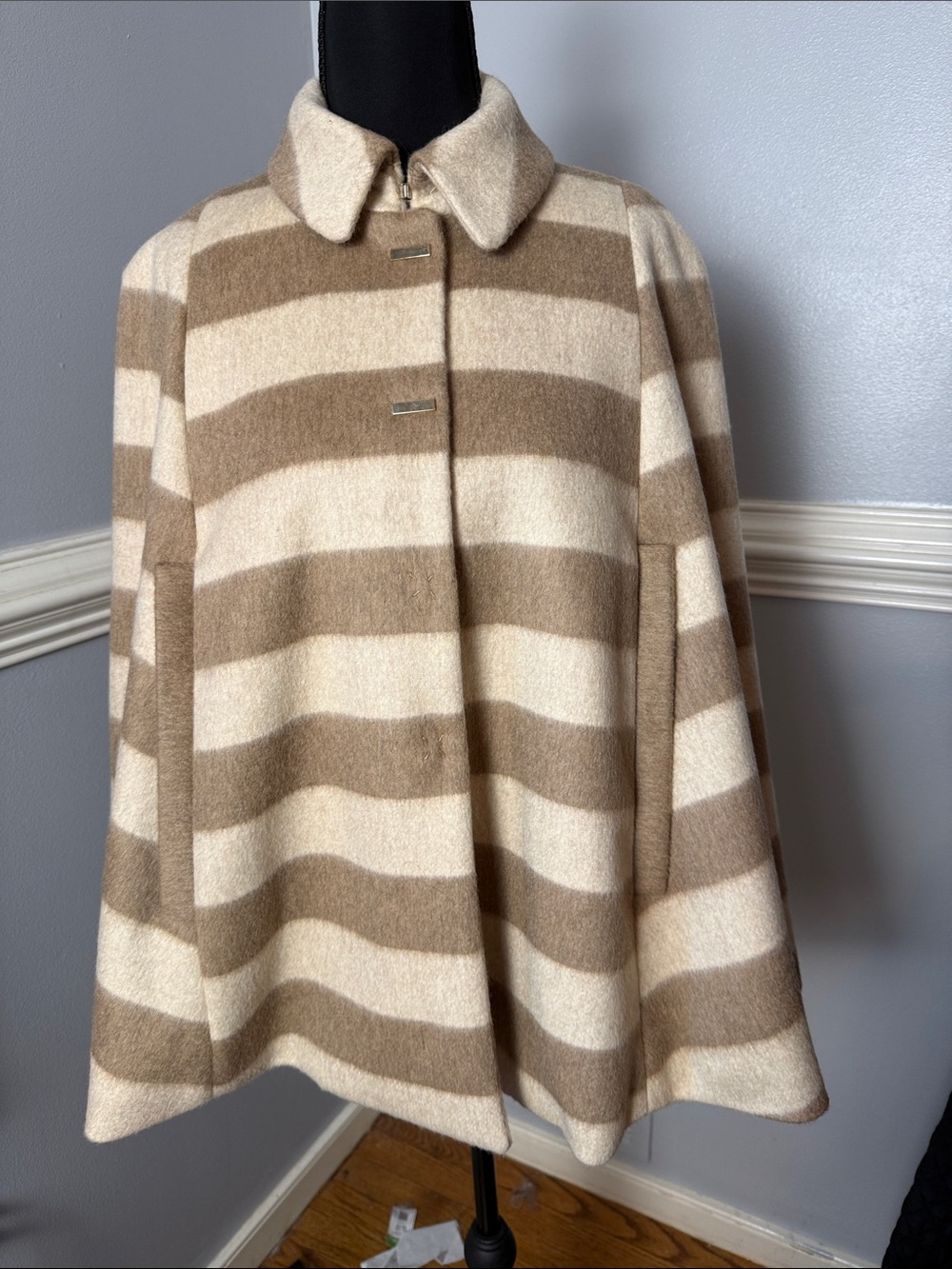 Striped Wool Blend Cape Coat in Cream & Taupe Italy